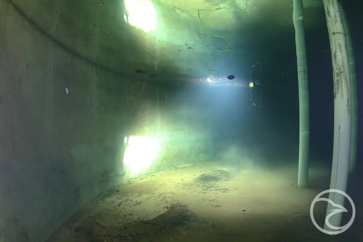 Remote underwater drone operating inside a confined storage tank